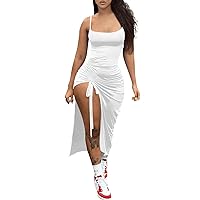 Vestidos De Fiesta para Mujer 2024, Dresses for Women Spaghetti Strap Square Neck Long Ball Gown Hight Split Formal Evening Party Lantern Sleeve Dress Short Dress Casual (L, White)