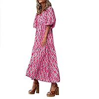Summer Dresses for Women 2024 Casual V Neck Half Puff Sleeve Maxi Dress Loose Fit Bohemian Long Beach Sun Dresses