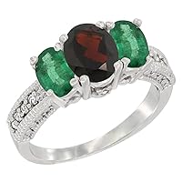 10K White Gold Diamond Natural Garnet Ring Oval 3-Stone with Emerald, Sizes 5-10