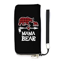 Red Plaid Buffalo Mama Bear Wristlet Wallet Leather Long Card Holder Purse Slim Clutch Handbag for Women
