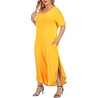 GXLU Women's Plus Size Summer Maxi Dresses Short Sleeve Casual Loose Plain Floral Print Split Long Dress with Pockets