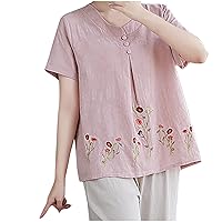 Floral Print Tops for Women Summer Cute Cotton Linen T-Shirt Casual Shirts Loose Fit Short Sleeve Mock Neck Blouses
