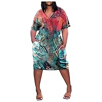 Womens Maxi Dress Plus Size Summer Plus Size V Neck Short Sleeve Knee Pocket Soild Color Casual Dress