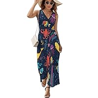 Whale, Octopus and Jellyfish Women Sleeveless Maxi Dress Long Loose Funny