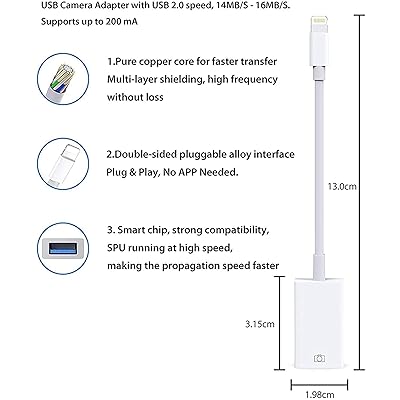 [MFi Certified]Apple Lightning to USB Camera Adapter USB 3.0 OTG Cable  Adapter Compatible with iPhone/iPad,USB Female Supports Connect Card  Reader,U