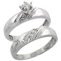 Sterling Silver Ladies 2-Piece Diamond Engagement Wedding Ring Set Rhodium Finish, 3/16 inch Wide