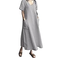 Women's Maxi Dress Solid Plus Size Loose Cotton Linen Long Dresses with Pockets