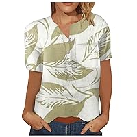 Women's Button Down Shirt Casual Fashion Cotton Linen Printed Short Sleeve Shirt Vneck Tshirts Shirts, S-4XL