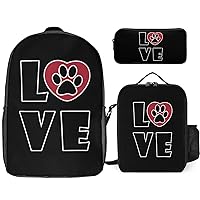 Love Paw Heart Print Backpack 3Pcs Set Cute Back Pack with Lunch Bag Pencil Case Shoulder Bag Travel Daypack
