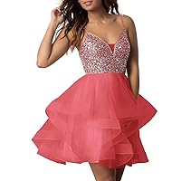 Women's Spaghetti Straps Tulle Homecoming Dresses Short with Sequins Cocktail Party Dresses