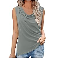 Womens Summer Tank Tops 2024 Fashion Pleated Scoop Neck Plain Shirts Sleeveless Casual Fitted Tees Slit Side Cute Tunic
