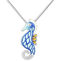 Rhodium Plated Sterlin Silver Hand Painted Enamel Womans Seahorse Charm Necklace 18in
