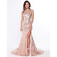 Women's Sexy Backless Sequins Mermaid Prom Dress Evening Gowns with Slit 2019 New