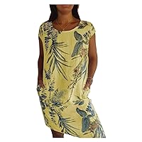 Summer Women's Cotton and Linen Round Neck Printed Dress, Casual Floral Short Sleeves Loose Dresses, with Pockets