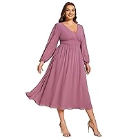 Ever-Pretty Women's A Line V Neck Lantern Sleeves Midi Plus Size Formal Fresses for Curvy Women 01929-DA