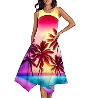 Sun Dresses for Women 2024 Vacation Hawaiian Dresses for Women Summer Print Casual Fashion Elegant Ceach Dress Sleeveless Round Neck Flowy Dresses Hot Pink X-Large