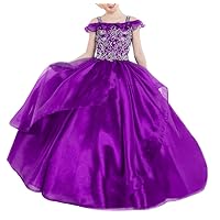 VeraQueen Girl's Princess Beaded Straps Ruffle Pageant Dresses with Pockets Off Shoulder Organza Ball Gowns Flower Girl Dress