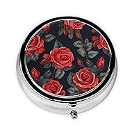Beautiful Red Rose Flowers Print Pill Box Round Pill Case 3 Compartment Portable Pill Organizer Mini Metal Pill Container for Vitamins Medication Supplements Purse Pocket Travel