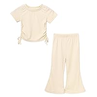Toddler Girls 2Pcs Clothes Outfits Kids Knit Ribbed Short Sleeves Drawstring T-Shirts Flare Pants Set