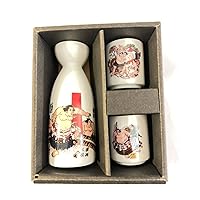 JAPANCRAFTS 3 Piece Ceramic Japanese Sake Set Made in Japan, Traditional Porcelain Pottery, Gift Box, 1 Bottle 6 oz. and 2 Cups, Shot Liquor Design Microwaveable and Dishwasher Safe - Sumo