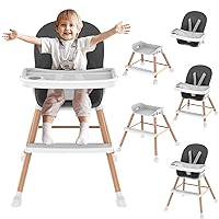 Baby High Chair, 6 and 1 Wooden High Chair, High Chairs for Babies & Toddlers with Adjustable Legs, Baby Eating Chair with Removable Tray, 5-Point Safety Harness & Waterproof PU Cushion (Grey)
