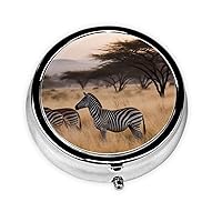 Round Pill Box Africa Grassland Zebra Cute Small Pill Case 3 Compartment Pillbox for Purse Pocket Portable Pill Container Holder to Hold Vitamins Medication Fish Oil and Supplements