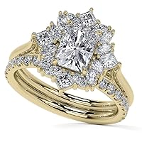 10K/14K/18K Solid Yellow Gold Radiant Cut Moissanite Wedding Ring Set 3 CT Prong Seting Bridal Engagement Ring for Women Solitaire Halo Style, Vintage Antique Anniversary Propose Gifts