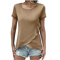 Womens Casual T Shirts Summer Short Sleeve Tops Solid Color Round Neck Tees Slim-Fit Slit Hem Pullover Blouse