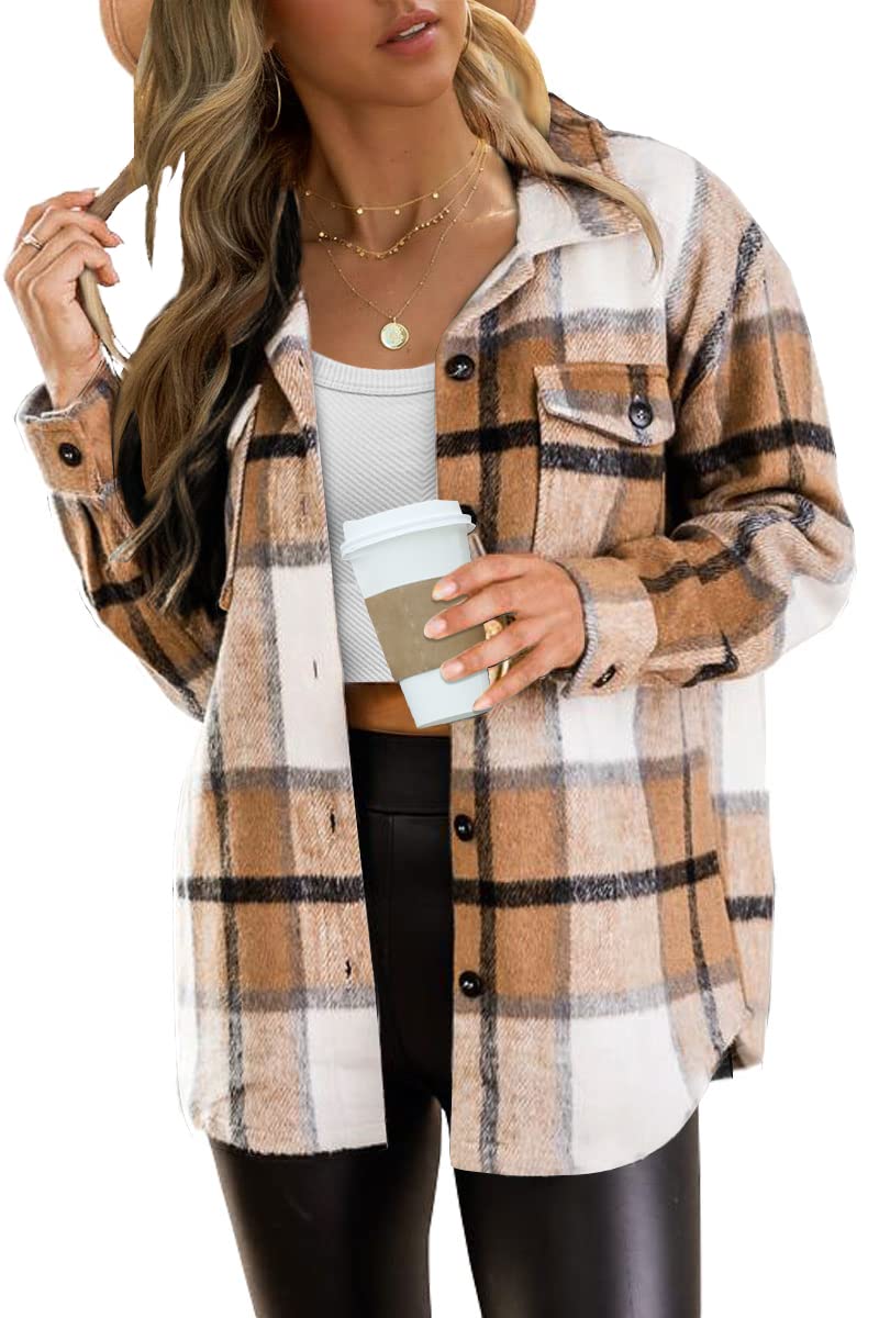 AUTOMET Womens Casual Plaid Shacket Button Down Long Sleeve Shirt