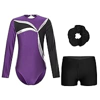 FEESHOW Kids Girls Dance Set Long Sleeve Leotards with Athletic Shorts and Hair Tie Headwear for Gymnastics Sports Yoga