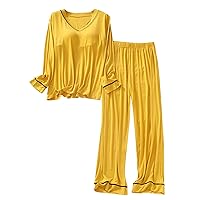 Women's Modal Cotton Pajamas Sets Built in Bra V Neck Long Sleeve Top and Pants 2Piece Outfits Loose Comfy Sleepwear
