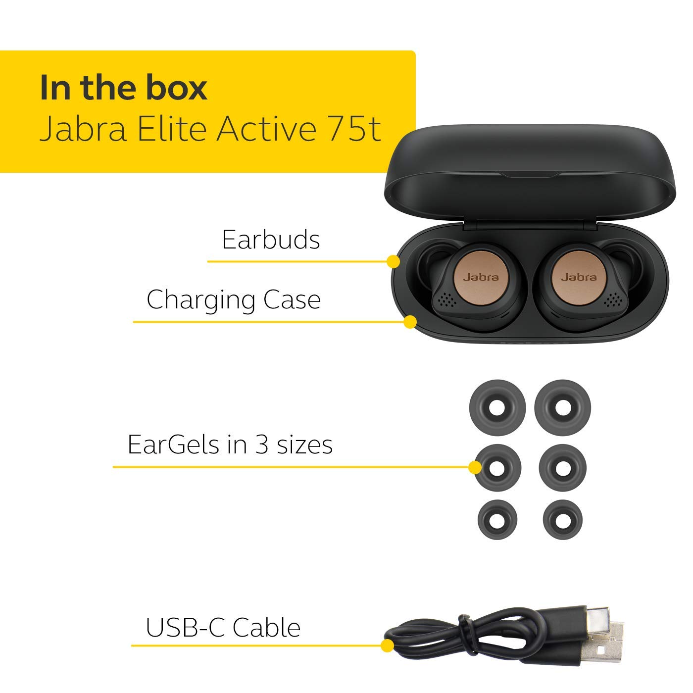 Jabra Elite Active 75t True Wireless Bluetooth Earbuds, Copper Black – Wireless Earbuds for Running and Sport, Charging Case Included, 24 Hour Battery, Active Noise Cancelling Sport Earbuds