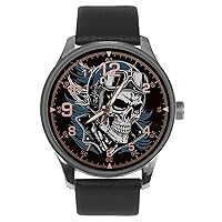 Gothic Dark Moto Angels, Kickass Motorcycle Skull Art Solid Brass & Leather Biker Watch