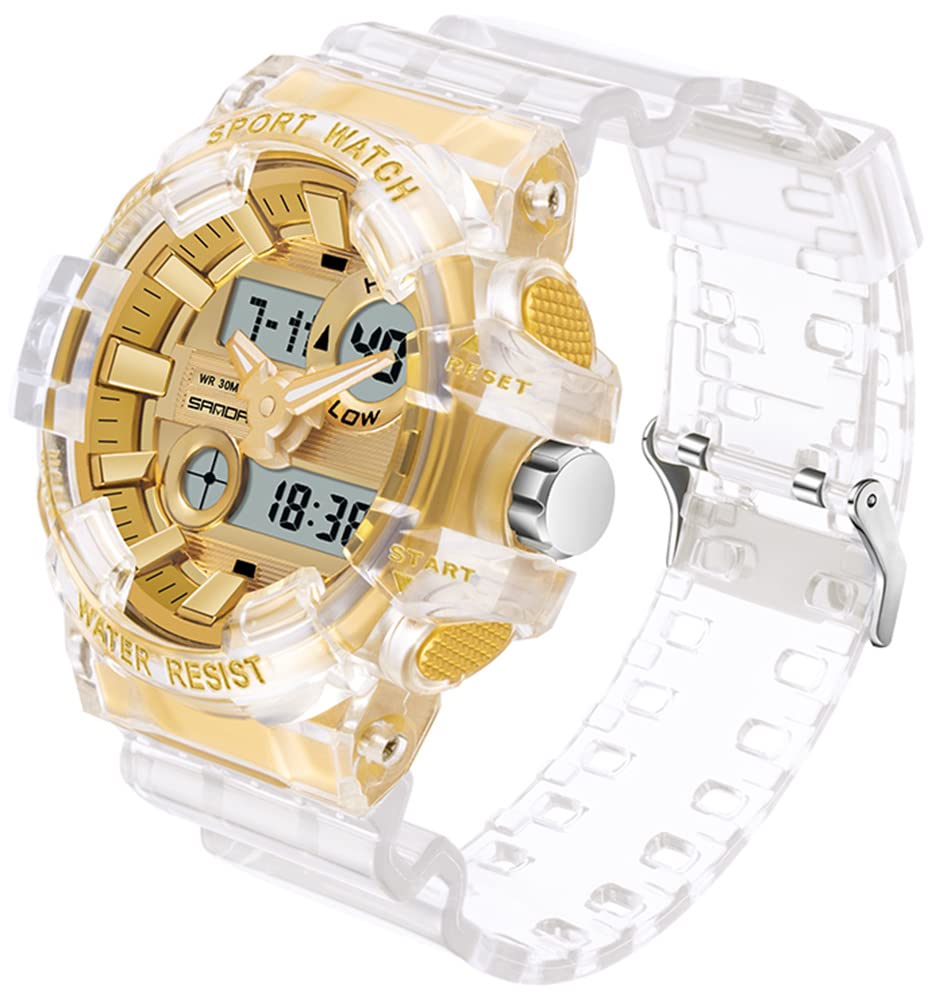 carlien Men's Analog Digital Display LED Watch Military Multifunctional Waterproof Quartz Sports Watch with Transparent Strap