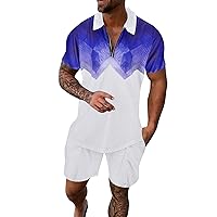 Mens Hawaiian Contrast Colors Shirt and Shorts Set Summer Quarter-Zip Lapel Shirt Stretch Comfortable Outfits