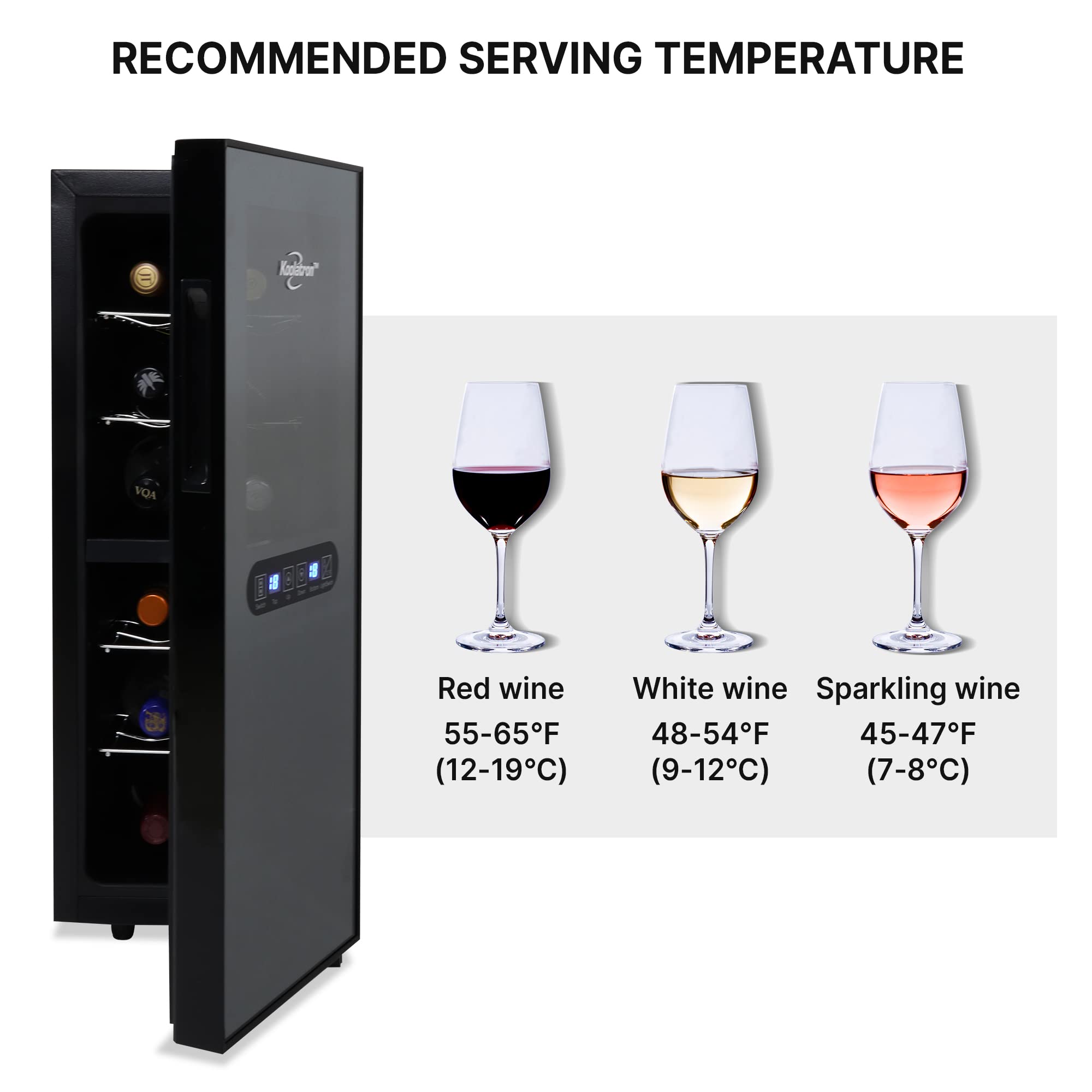 Koolatron Urban Series 12 Bottle Dual Zone Wine Cooler, Black, Thermoelectric Wine Fridge, Freestanding Wine Cellar, Red, White, Sparkling Wine Storage for Small Kitchen, Apartment, Condo, RV