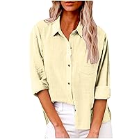 Women's Cotton Linen Button Down Shirts Casual Long Sleeve V Neck Collared Blouse Boyfriend Dress Shirt with Pocket