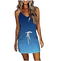 Women Spaghetti Strap Beach Dress Sleeveless V Neck Drawstring Mini Dress Casual Short Sundress with Pocket Resort Wear