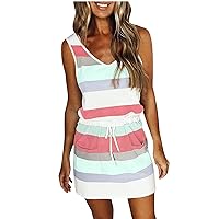 Sundresses for Women,Womens Summer Casual Loose Sling V Neck Mini Dress,Trendy Striped Drawstring T Shirt Dress with Pocket