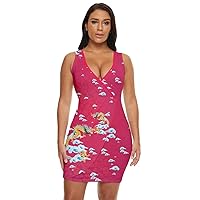 CowCow Womens V Neck Dress with Pockets Chinese Dragon Vintage Flowers Japanese Pattern Draped Bodycon Dress, XS-5XL