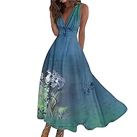 Formal Maxi Dress for Women Sexy Off The Shoulder Sleeveless Trendy Plus Size Flowy Dress Elegant Floral Long Dress