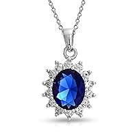 Bling Jewelry Vintage Style Royal Blue Simulated Sapphire AAA CZ Oval Halo Crown Pendant Necklace For Women .925 Sterling Silver