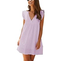 Women Summer Dress Wrap V Neck Jacquard Lace Ruffle Short Sleeve Mini Dresses with Pocket