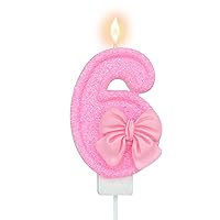 Pink Number 6 Candle for Girl Birthday Party Decorations, Girl 6th Birthday Party Decorations Supplies, 3D Bow Designed Pink Number Candles for Birthday Cake Topper Decorations (Pink 6 Candle)