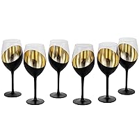 MyGift 14 oz Modern Slanted Matte Black and Gold Tone Stemmed Wine Glasses, Elegant Angled Design with Metallic Interior Accent Glass Stemware, Set of 6