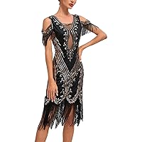 XJYIOEWT Formal Wedding Guest Dresses for Women,1920s Knee Length Flapper Party Dress Tassels Hem Sequined Cocktail Dres