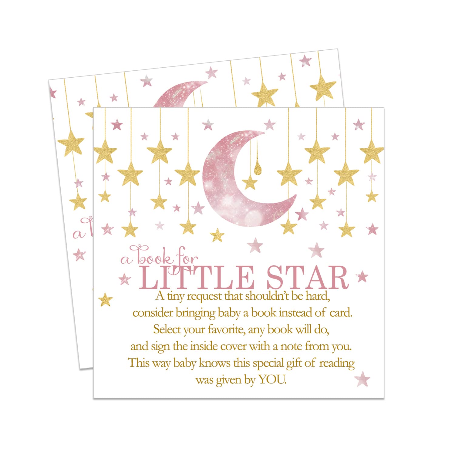 Paper Clever Party Twinkle Little Star Baby Shower Book Request Cards (25 Pack) Invitation Inserts Girls - Pink and Gold Moon