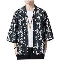 Japanese Kimono Cardigan Men Causal Long Sleeve Jackets Open Front Outwear Coat XL Sun Protection Shirt