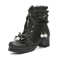 Womens Cute Boots Lace Up Chunky High Heels Round Toe Bow Ankle Boots Cosplay Dress Uniform Lolita Shoes