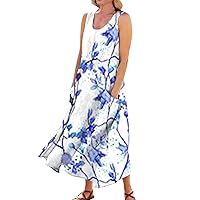 Spring Dresses for Women 2024 Trendy Casual Comfortable Floral Print Sleeveless Cotton Pocket Dress